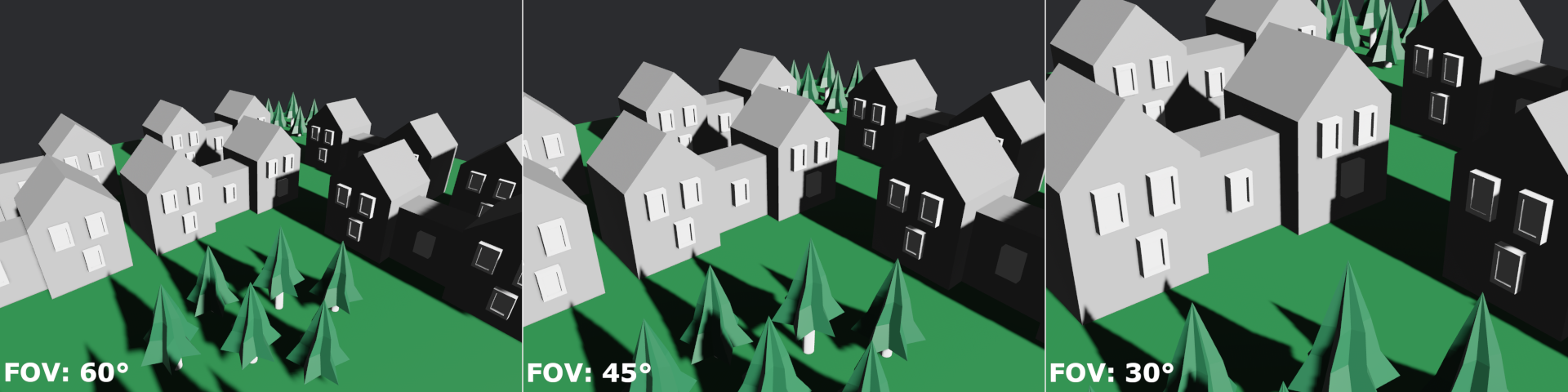 side-by-side compawison of a "zoomed i-in" (smow fov) a-and a "zoomed o-out" (wawge fov) 3d scene